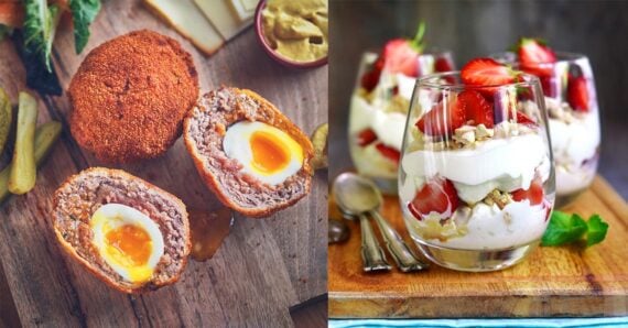 A Scotch Egg next to an image of an Eton Mess dessert.