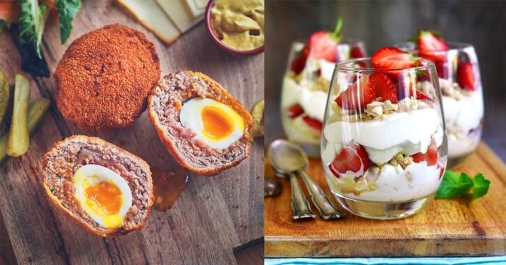 A Scotch Egg next to an image of an Eton Mess dessert.