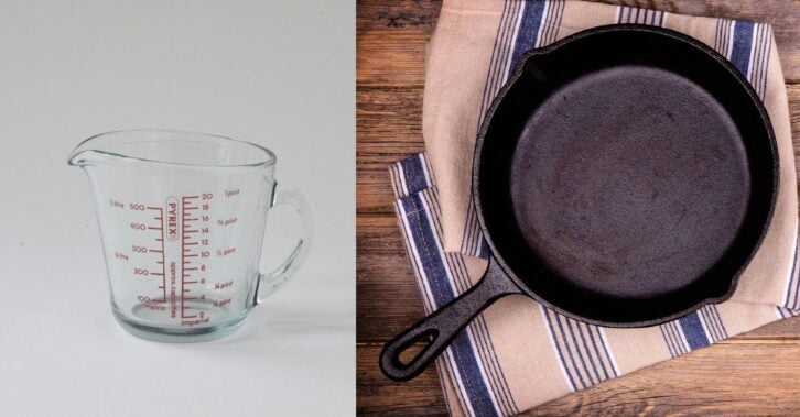 A collage of a cast iron pan next to an image of a PYREX measuring cup.