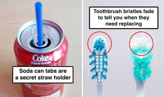 Secret features: soda can tab with straw, toothbrushes with fading bristles