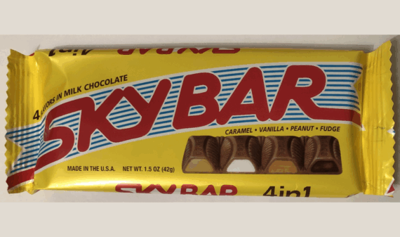 Sky Bar is an American candy bar introduced by Necco in 1938, discontinued in 2018, and reintroduced in 2019 by the Sky Bar Confectionary Company. Each Sky Bar has four sections—caramel, vanilla, peanut, and fudge—all covered in milk chocolate.