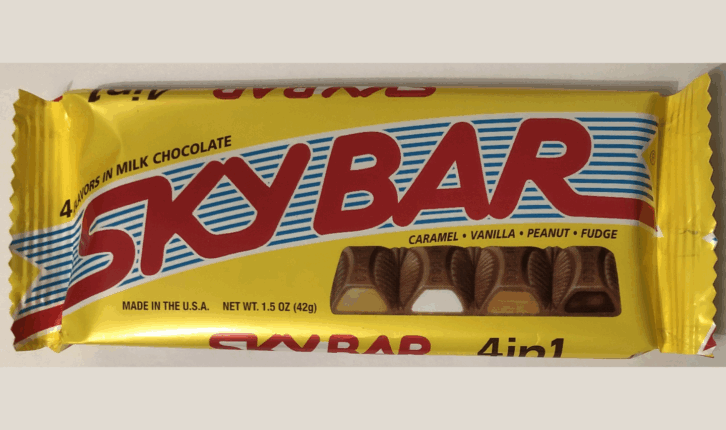 Sky Bar is an American candy bar introduced by Necco in 1938, discontinued in 2018, and reintroduced in 2019 by the Sky Bar Confectionary Company. Each Sky Bar has four sections—caramel, vanilla, peanut, and fudge—all covered in milk chocolate.