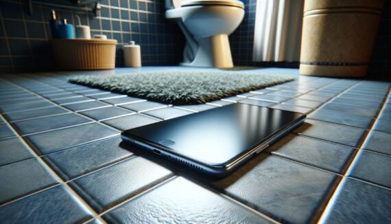 A smartphone that's been left on the bathroom floor.