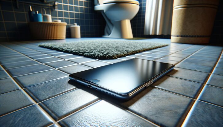 A smartphone that's been left on the bathroom floor.