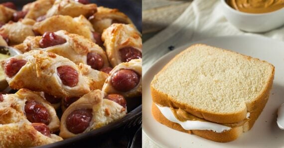 A platter of pigs in a blanket placed next to a fluffernutter sandwich.
