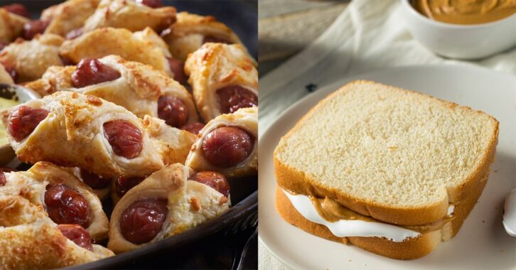 A platter of pigs in a blanket placed next to a fluffernutter sandwich.