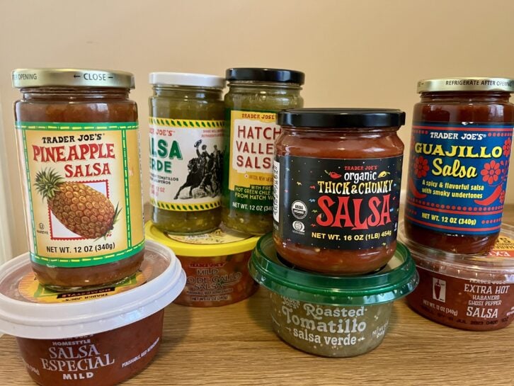 9 kinds of trader joes salsas next to each other