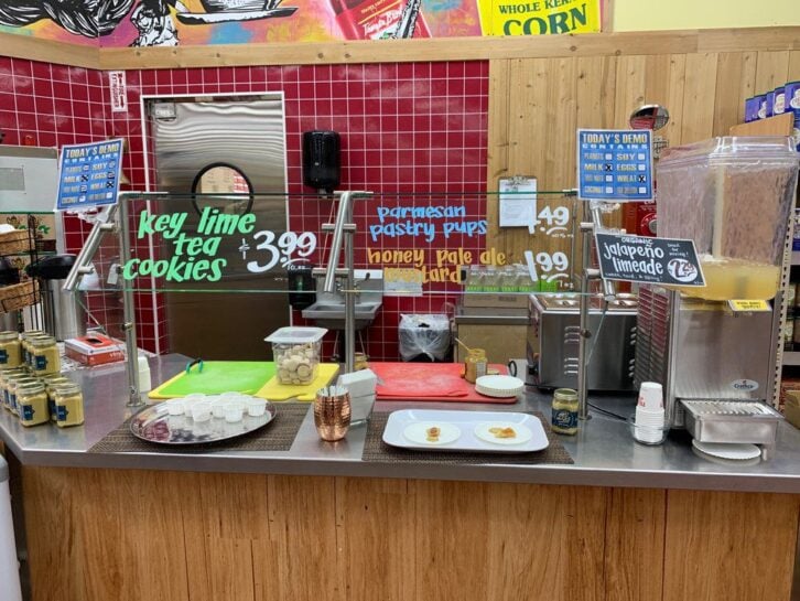 free samples of key lime tea cookies and pastry pups at a Trader Joe's tasting station