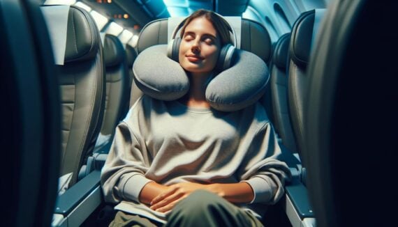 AI-generated image of a woman traveling on a long flight