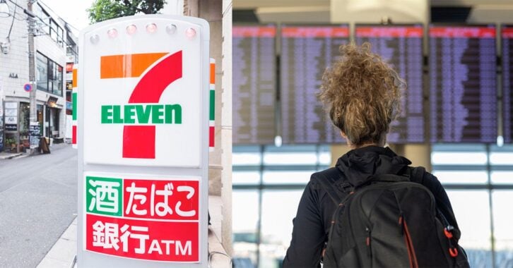 A female traveler checking her flight info at airport and an image of a 7-Eleven in Japan.