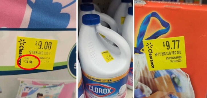 Three photos of clearances items with yellow stickers at Walmart