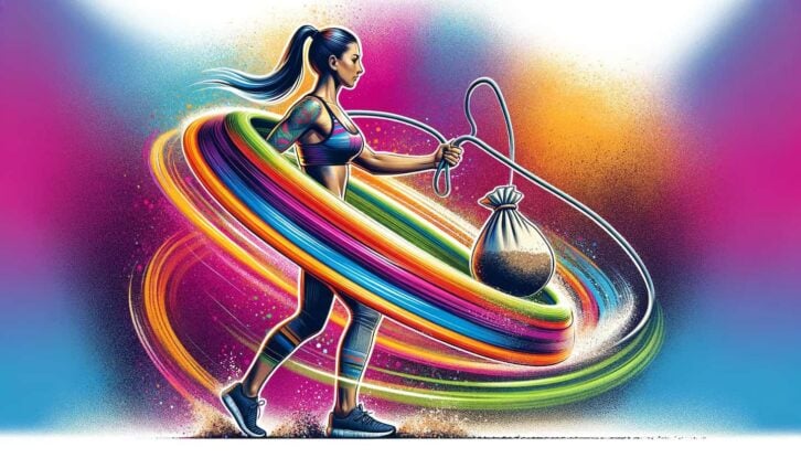 IA colorful, AI-generated illustration of a woman in workout gear using an exaggerated version of a weighted hula hoop.