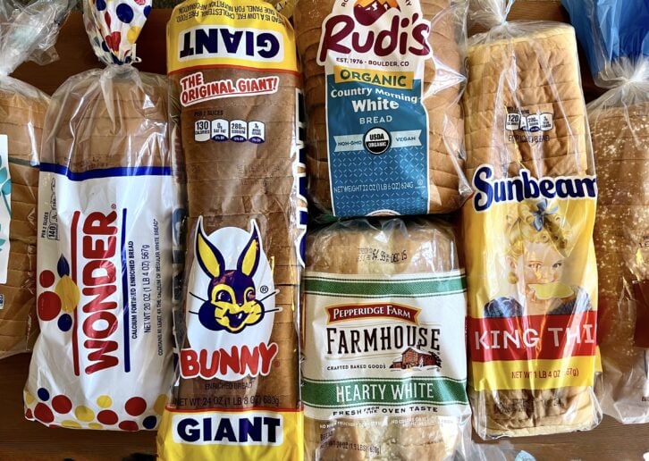 8 brands of white bread lined up next to each other for a taste test