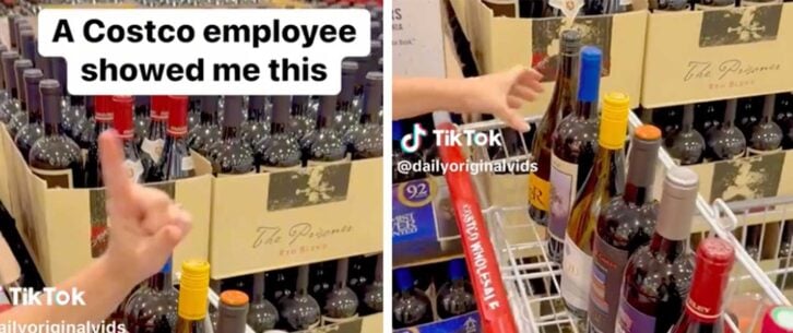 Screenshots from a tiktok on how to safely store wine in a grocery cart, wide