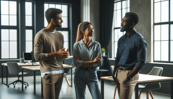 Workers discussing their salaries in an office setting AI-generated