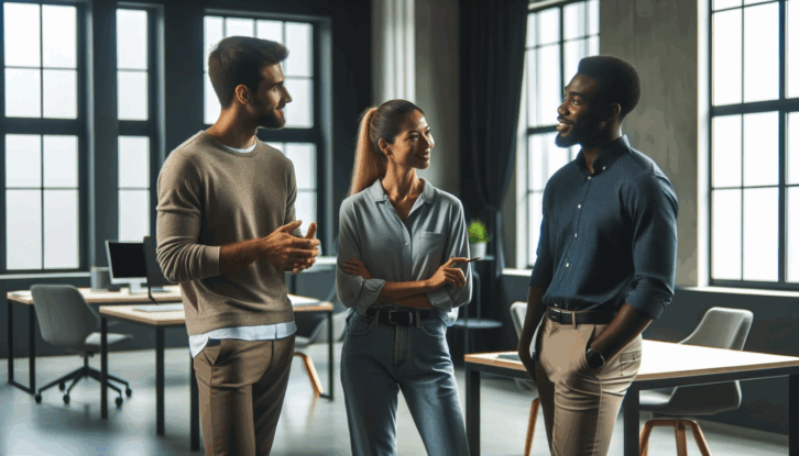 Workers discussing their salaries in an office setting AI-generated