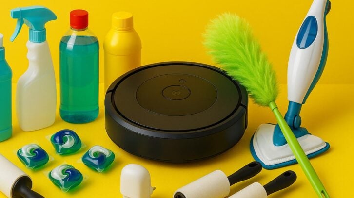A black robotic vacuum surrounded by various cleaning supplies, including spray bottles, detergent pods, lint rollers, a yellow bottle, a green duster, and a steam mop, all on a bright yellow background.