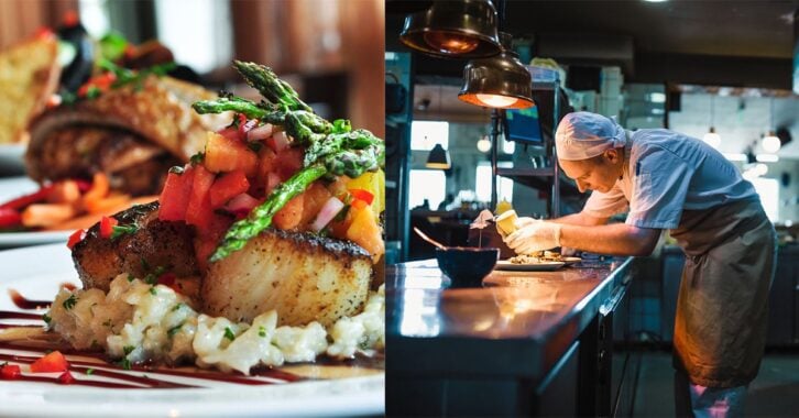 A collage of a chef in back of house prepping a plate next to an image of numerous fancy meals that have been plated.