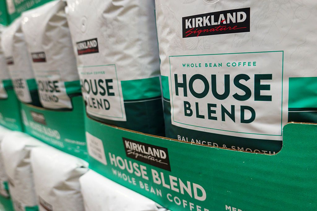 Packages of Kirkland Signature house blend whole bean coffee are displayed at a Costco Wholesale store on April 27, 2025 in San Diego, California.