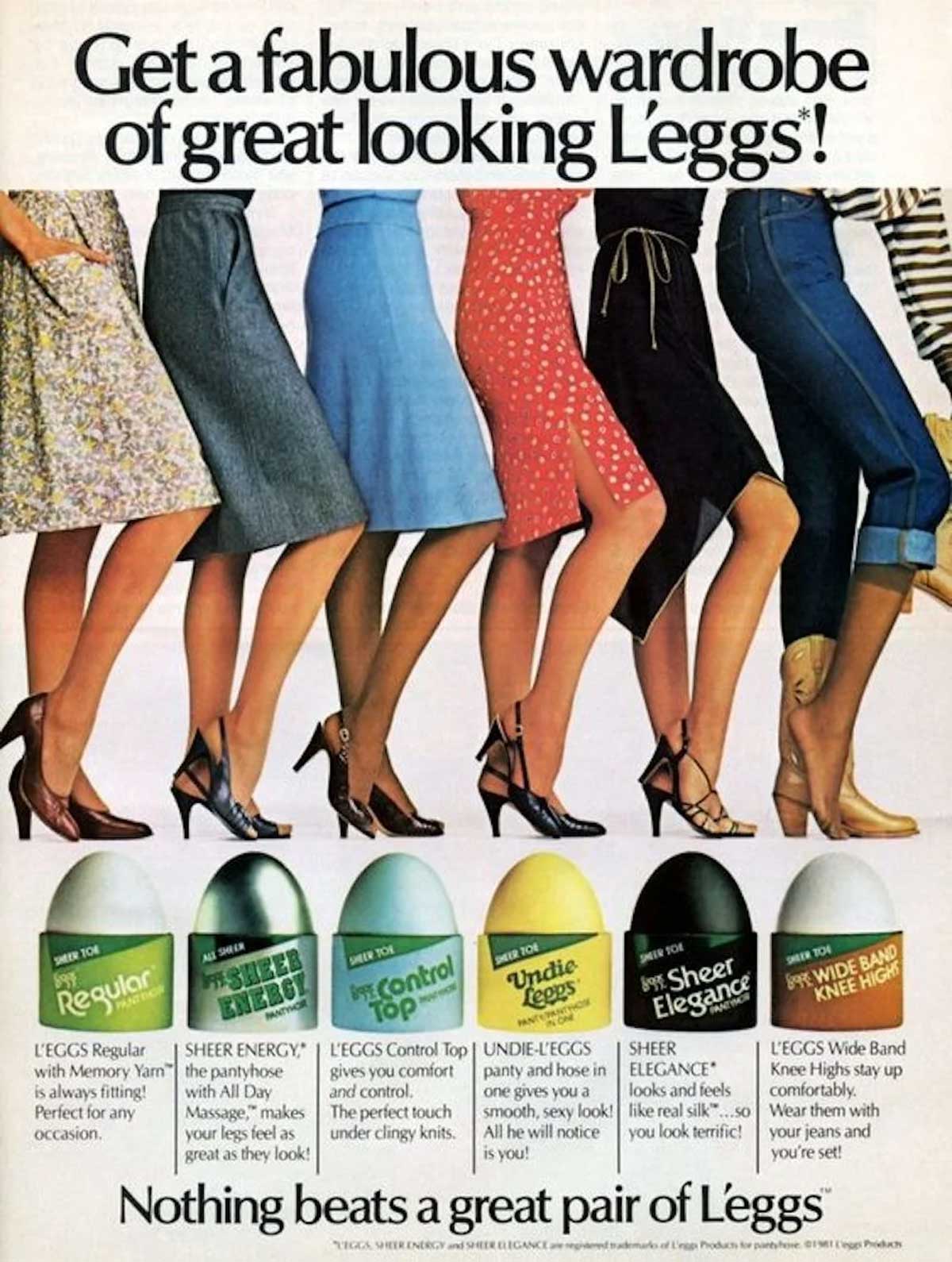 A vintage 1980s advertisement shows six women wearing different styles and colors of pantyhose and skirts, each with matching shoes. Below, images and descriptions highlight various L'eggs pantyhose options and features.