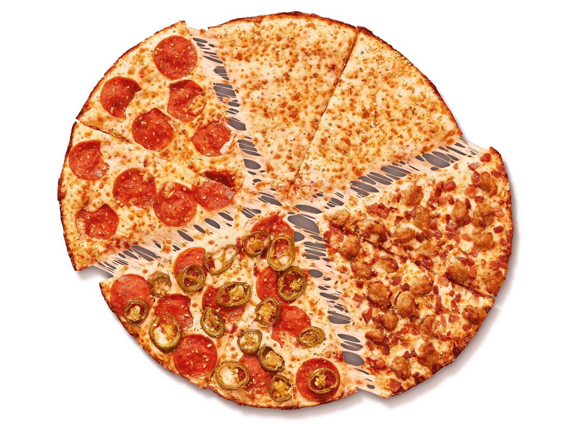 A Little Caesars whole pizza sliced into quarters, each with a different topping—cheese, pepperoni, pepperoni with jalapeños, and sausage—shows off gooey melted cheese stretching between slices. Perfect for sharing or sampling new fast-food flavors on a white background.