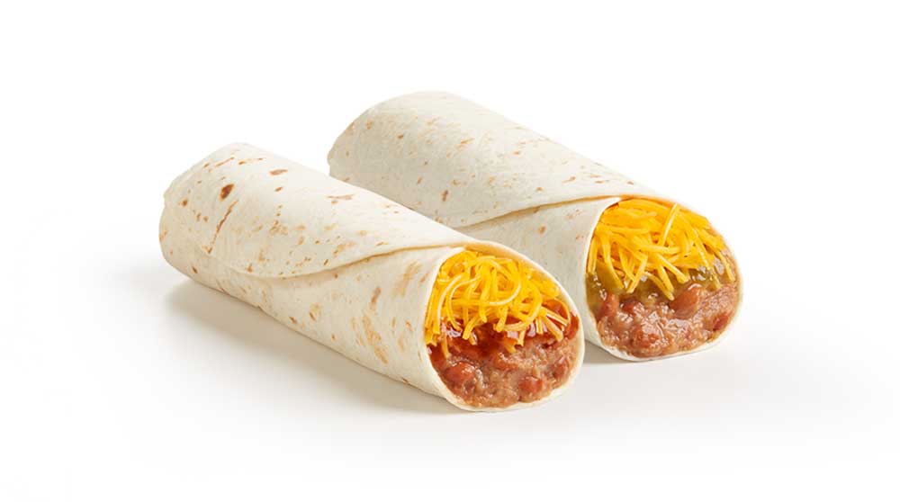 Two flour tortillas filled with ground beef, salsa, and topped with shredded cheddar cheese, placed side by side on a white background.