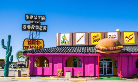 Dillon, South Carolina, USA, March 23, 2019-Garish colors on the famous South of the Border restaurant draw travelers in on Route 95 just South of the North Carolina border.