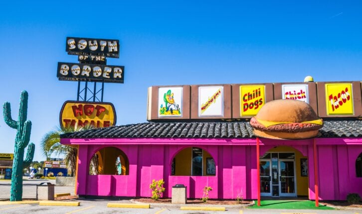 Dillon, South Carolina, USA, March 23, 2019-Garish colors on the famous South of the Border restaurant draw travelers in on Route 95 just South of the North Carolina border.