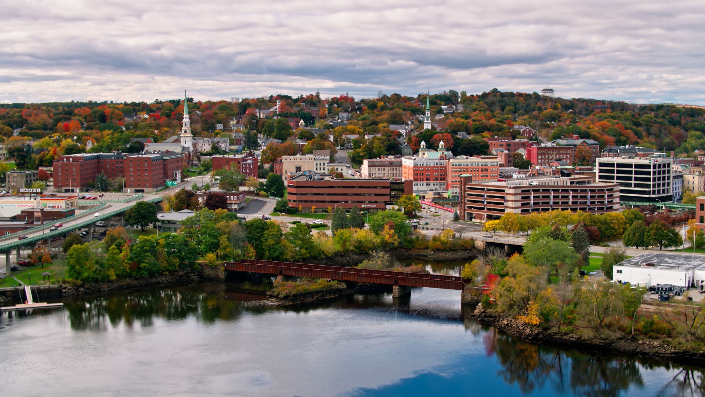 Aerial shot of Bangor, Maine on a cloudy day in Fall.