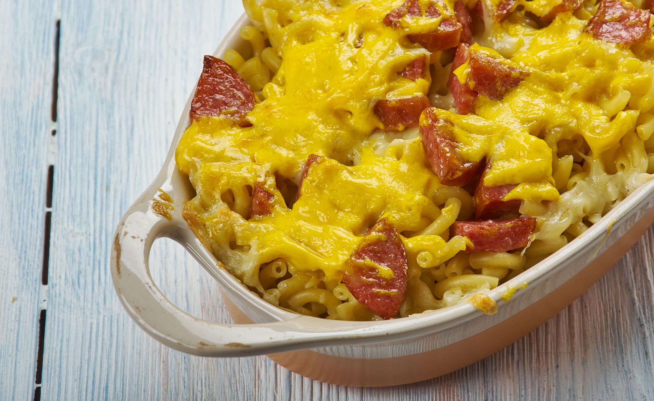 Spicy Smoked Sausage Alfredo Bake, Pasta and smoked sausage close up
