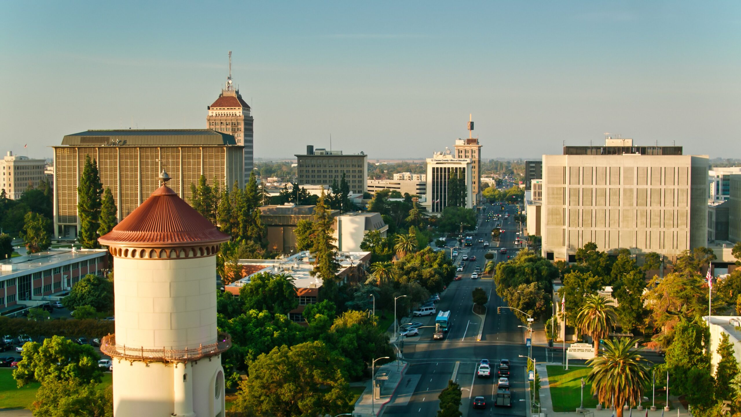 Aerial shot of Fresno, California at sunrise in autumn. Fresno, California is the county seat of Fresno County and largest city in California's Central Valley.Authorization was obtained from the FAA for this operation in restricted airspace.