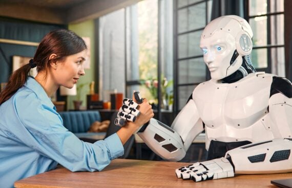 Woman arm wrestling with an AI robot