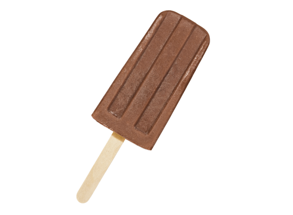 A fudgesicle or chocolate pudding pop on a wooden stick.