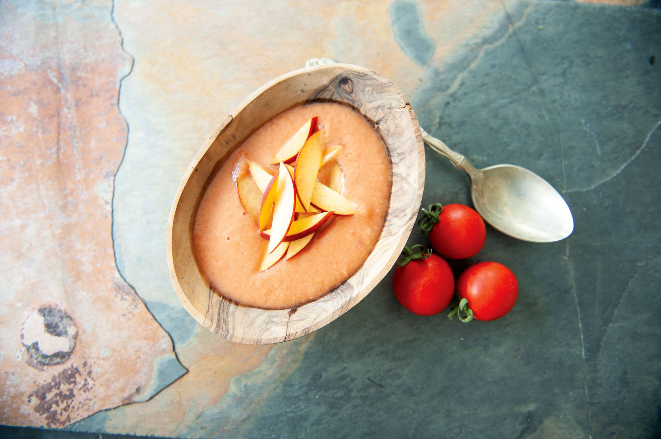 Soup in the wood serving bowl