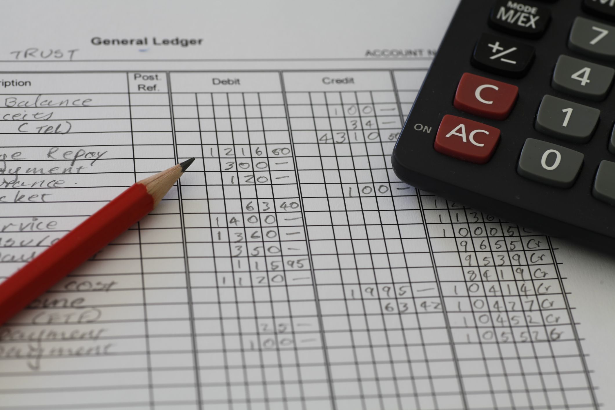 Handwritten Accounting ledger showing bookkeeping using pencil and calculator.