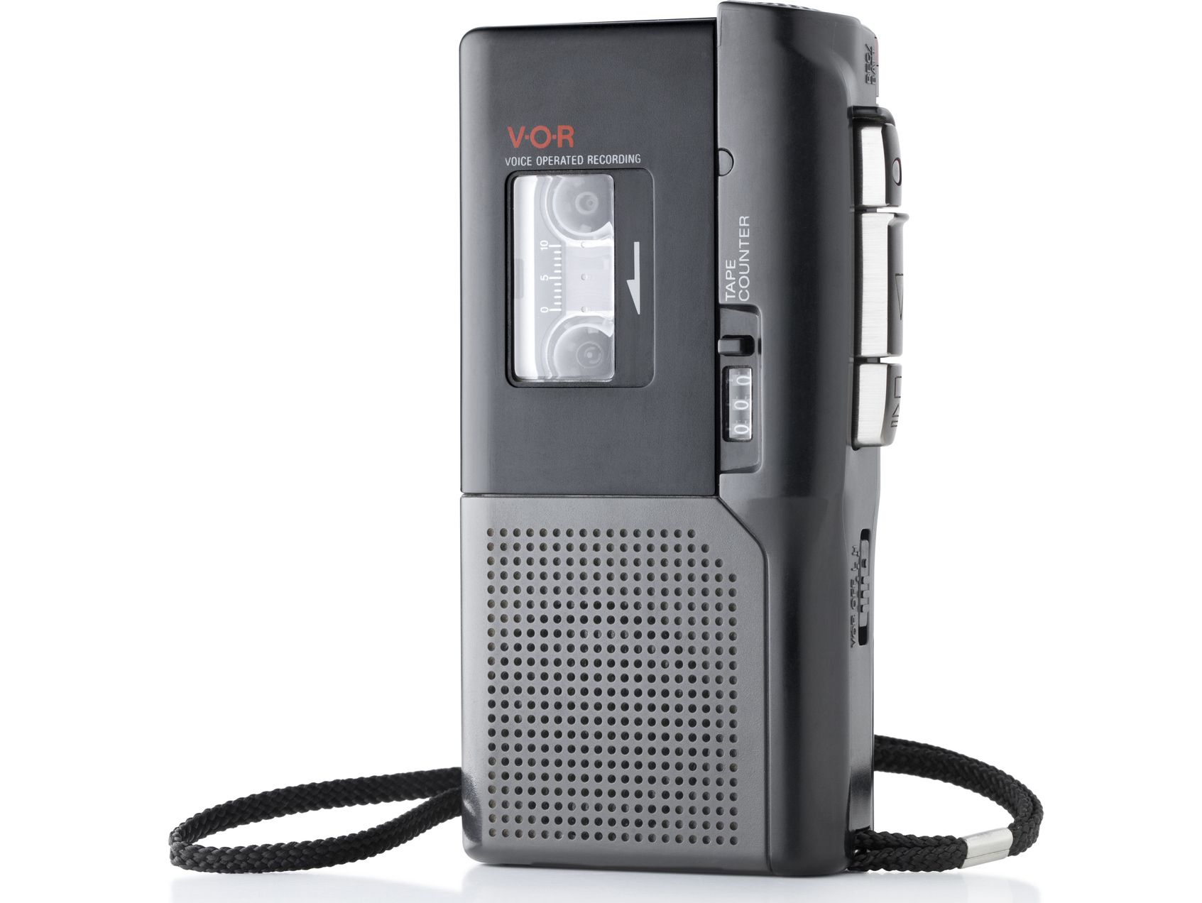 Dictaphone with Voice Operated Recording (VOR) on white background.