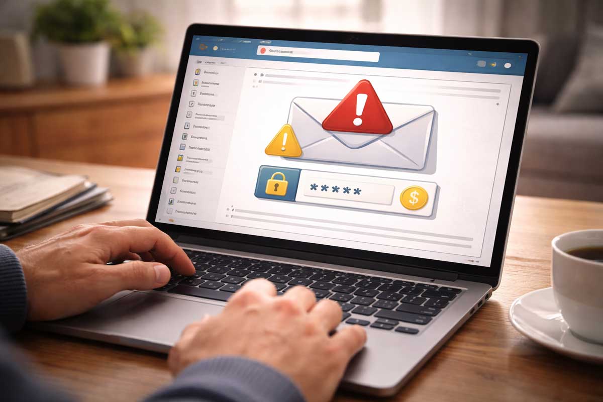 A person using a laptop sees a warning message with an envelope, exclamation marks, and a padlock, signaling a potential phishing email scam or security threat. A cup of coffee sits on the table.