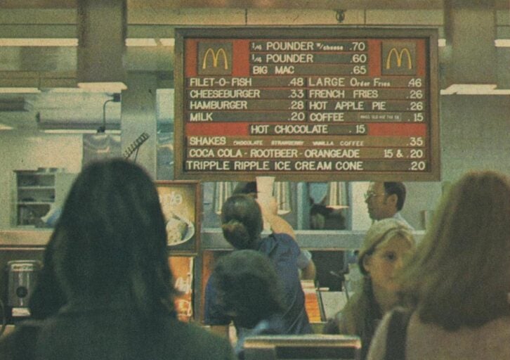 A vintage McDonald's menu board displays food items and prices while customers stand in line at the counter. The menu includes burgers, shakes, coffee, and desserts, with a 1970s or 1980s atmosphere.