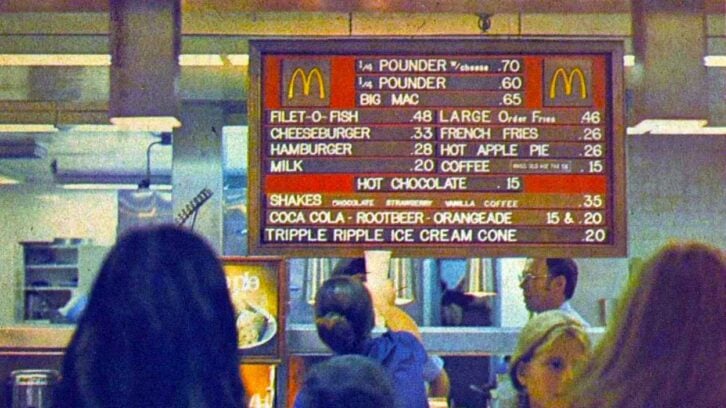 A vintage fast-food menu board displays low prices for items like the Big Mac, Filet-O-Fish, and fries. Customers are visible in front, and staff can be seen working behind the counter.