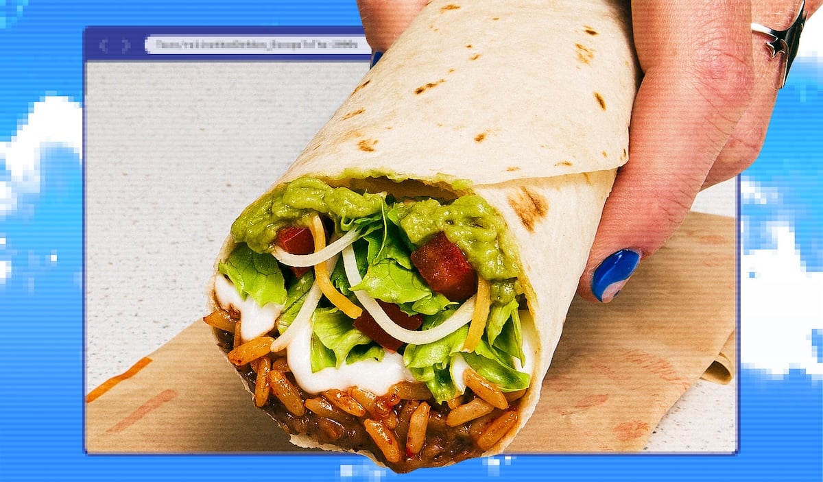 Taco Bell's 7-layer burrito filled with guacamole, lettuce, cheese, rice, beans, and other ingredients. The background features a computer window graphic and a blue sky with clouds.