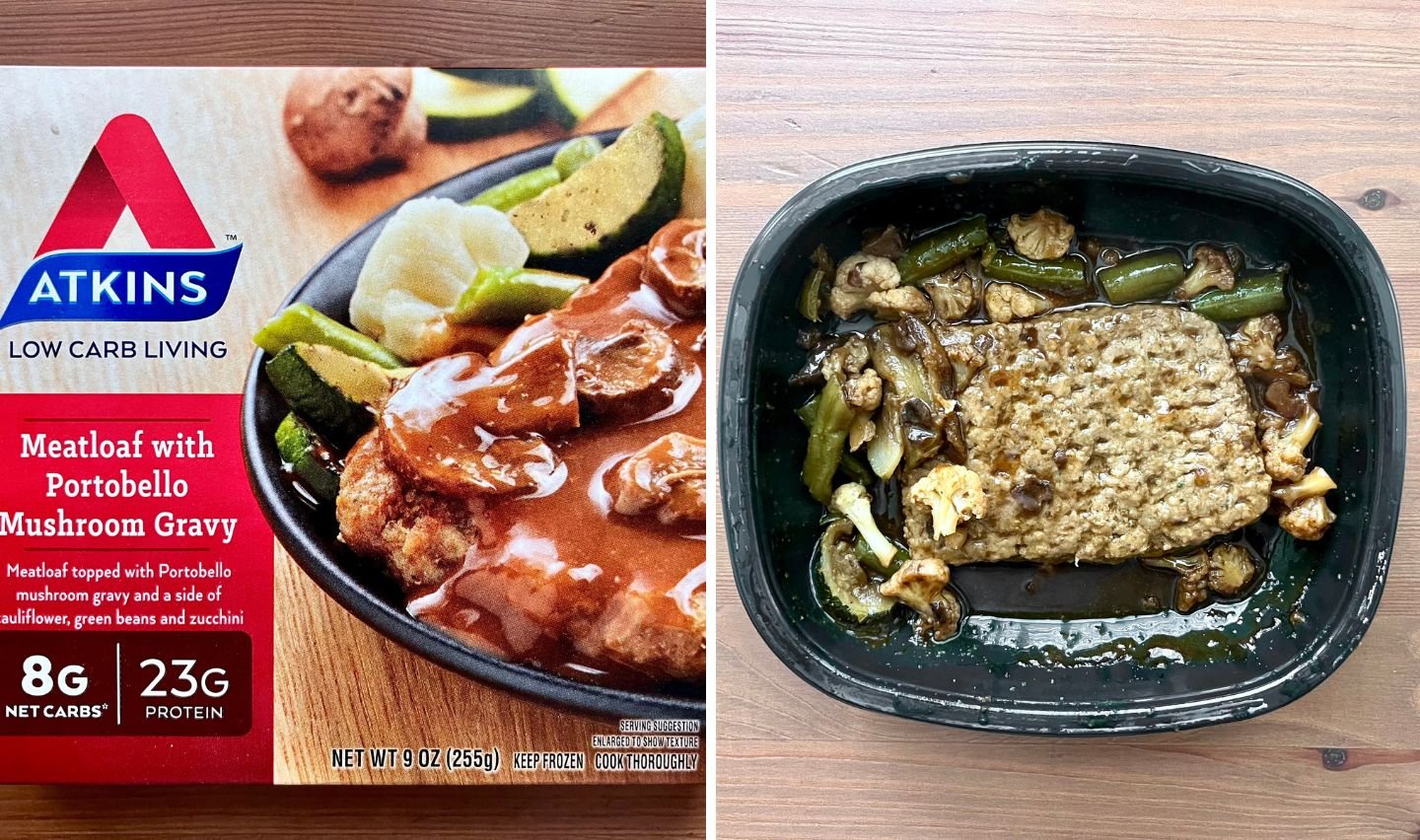 A split image shows the Atkins Meatloaf with Portobello Mushroom Gravy box on the left and the cooked meal in a black tray on the right, featuring meatloaf, brown gravy, and vegetables.