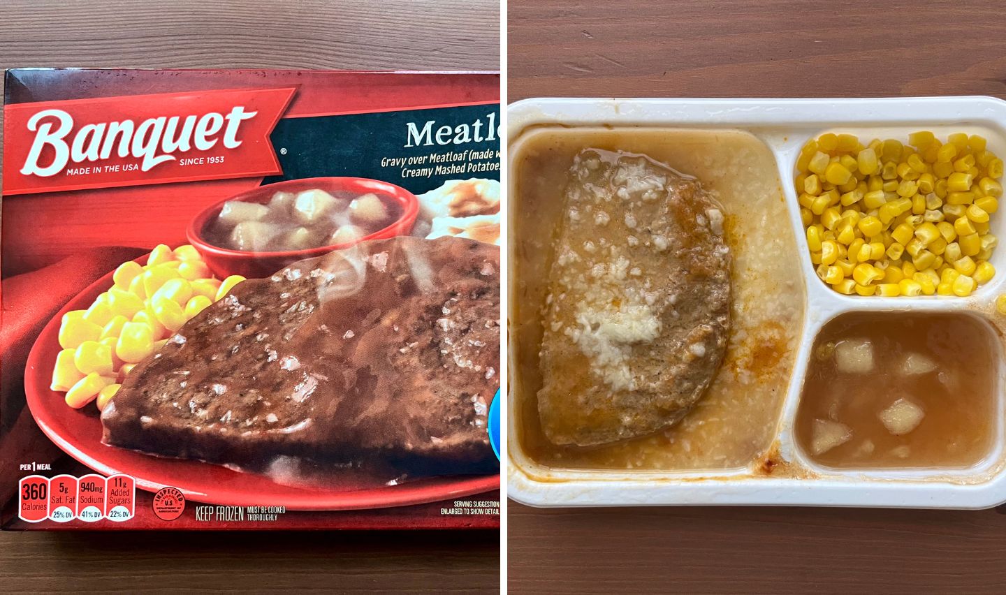 A boxed Banquet Meatloaf frozen dinner next to the cooked meal in a tray, showing meatloaf with brown gravy, mashed potatoes with gravy, and a serving of corn.
