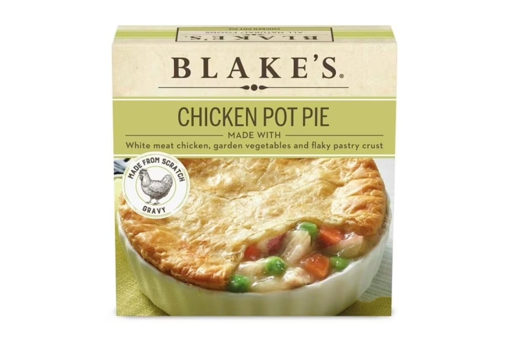 Box of Blake’s Chicken Pot Pie featuring an image of a golden-brown pot pie in a white dish with visible peas, carrots, and chicken, and labeled as made with scratch gravy and flaky pastry crust.