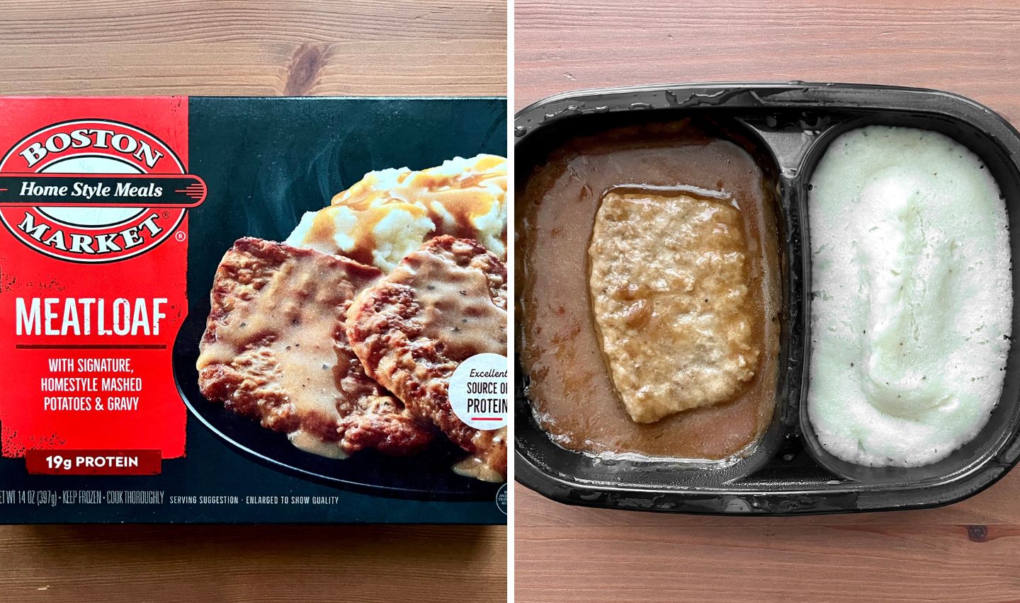 A Boston Market Meatloaf frozen meal is shown. On the left is the box with an image of meatloaf, mashed potatoes, and gravy. On the right is the opened meal with meatloaf in gravy and mashed potatoes in a black tray.