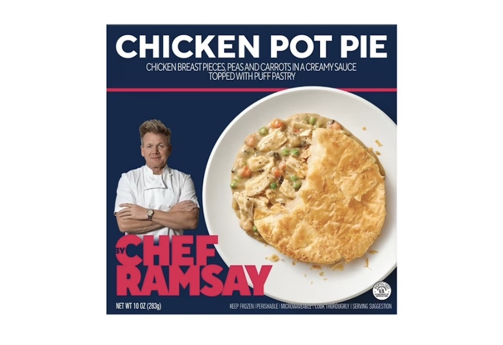 A box of Chef Ramsay’s Chicken Pot Pie, featuring an image of the dish with puff pastry crust, chicken, peas, and carrots in creamy sauce. Chef Ramsay is shown on the package wearing a white chef’s coat.