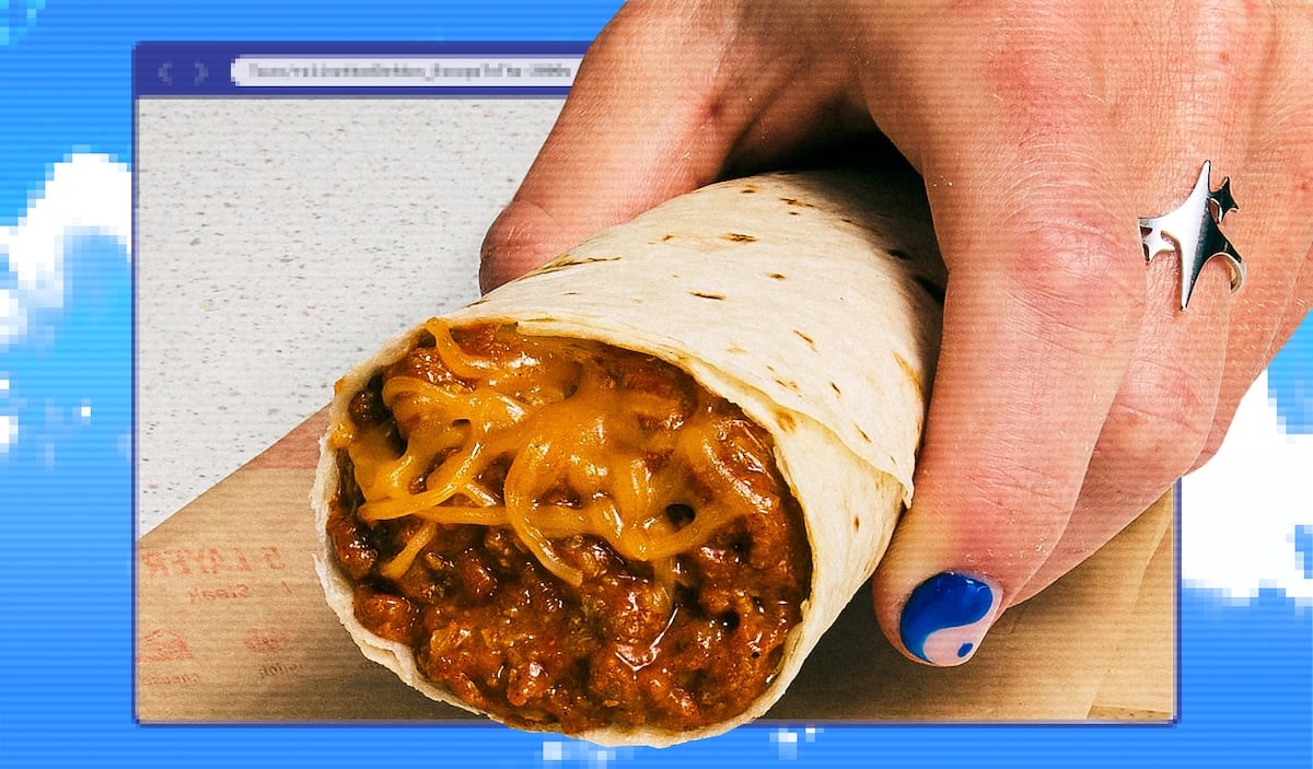 A hand holds Taco Bell's Chili Cheese Burrito, featuring a flour tortilla filled with seasoned ground beef and melted cheddar cheese, against a digital, blue-and-white graphic background.