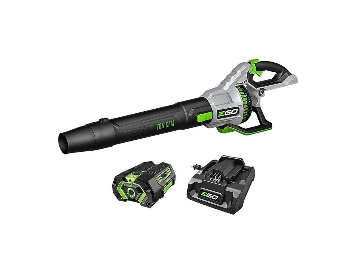 Cordless leaf blower with a black and green design, shown with a matching rechargeable battery and charging dock, all on a white background. The blower is labeled "EGO" and marked "765 CFM" on the nozzle.