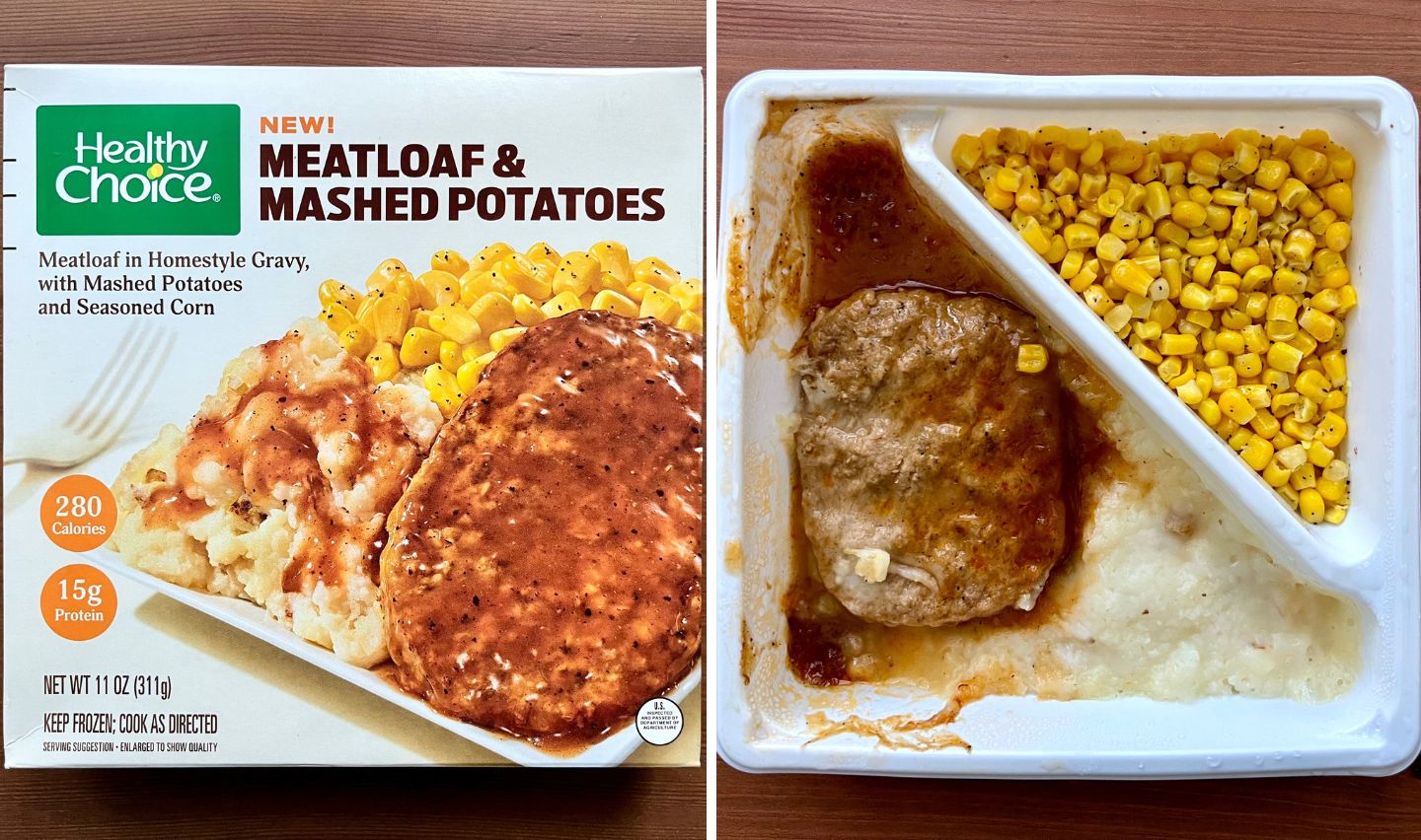 A Healthy Choice frozen meal box shows meatloaf, mashed potatoes, and corn. Next to it, the cooked meal in a tray appears less tidy, with gravy, corn, and mashed potatoes partially mixed together.