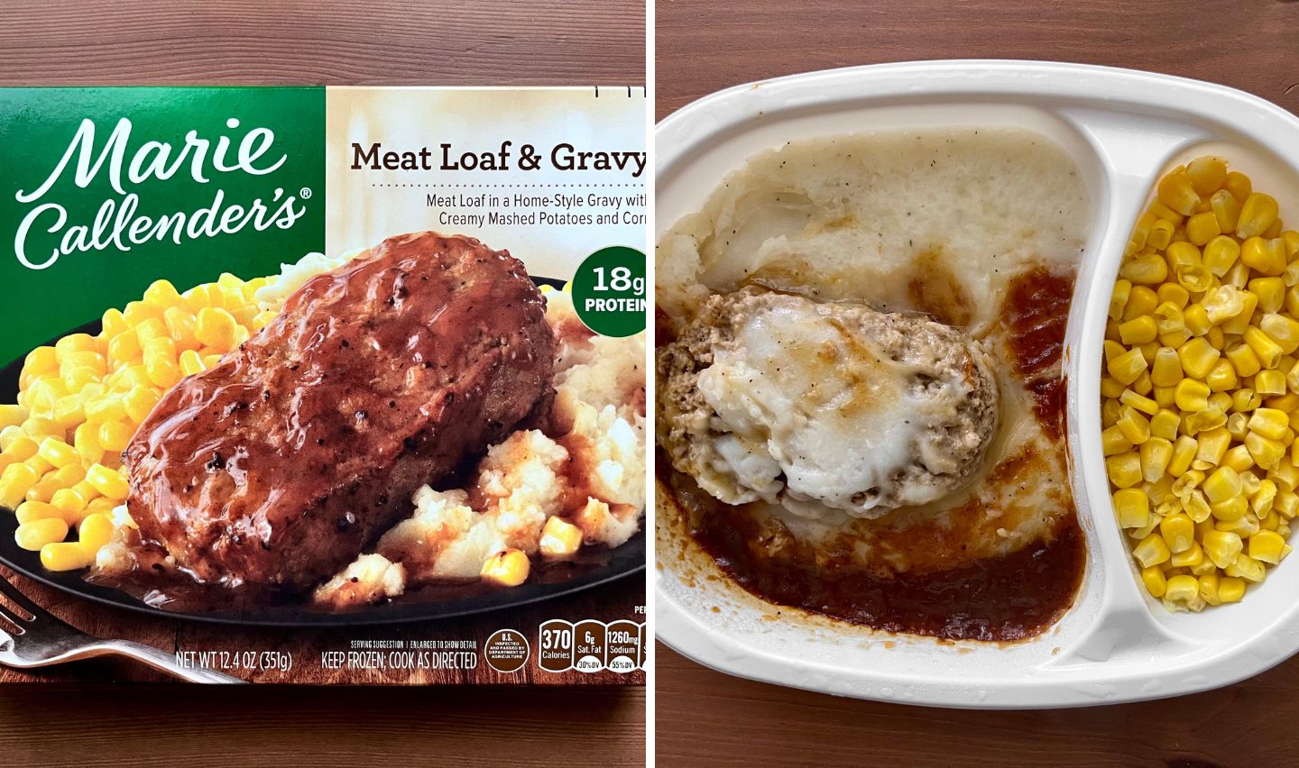 A Marie Callender's Meat Loaf & Gravy frozen meal box is shown on the left, and the cooked meal with meatloaf, mashed potatoes with gravy, and corn is displayed on the right in a plastic tray.