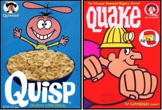 Side-by-side cereal boxes of discontinued snacks from the 1960s: Quisp features a pink cartoon alien above a bowl of cereal on blue, while Quake shows a muscular cartoon miner in a yellow helmet with a red background and fist raised.